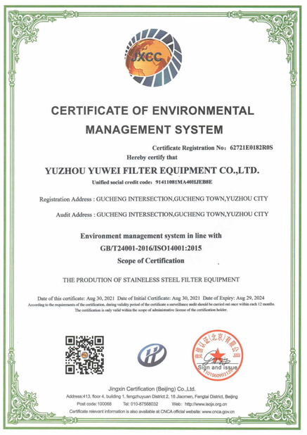 China YuZhou YuWei Filter Equipment Co., Ltd. Certification